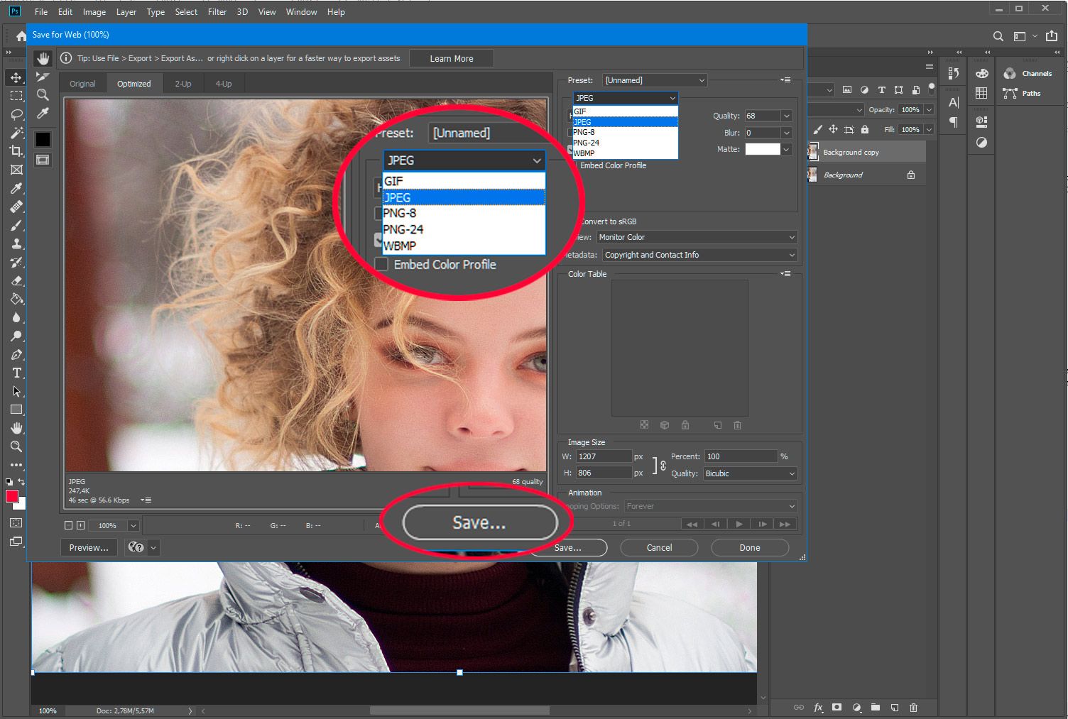 Adobe Photoshop. salvar PSD para web em jpg..