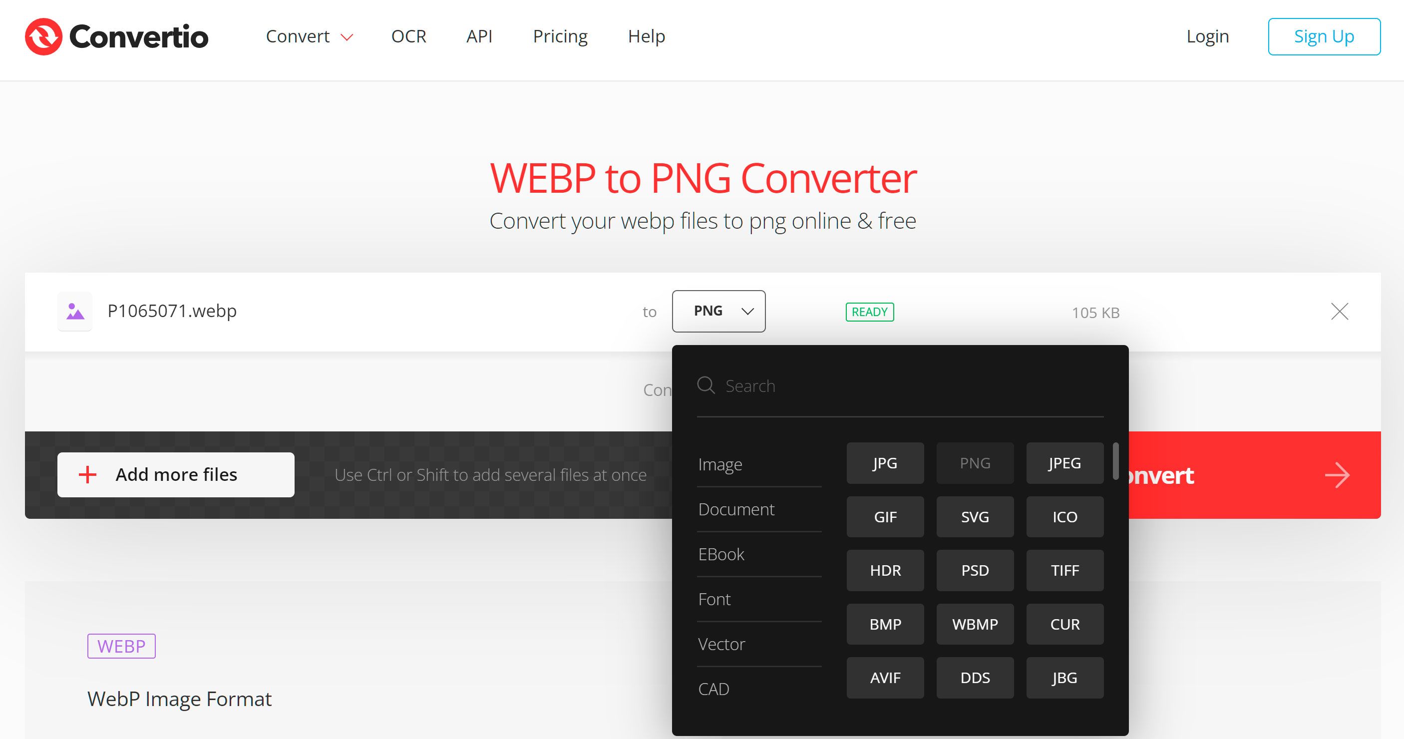 Selecione o formato PNG para converter de WebP Online..