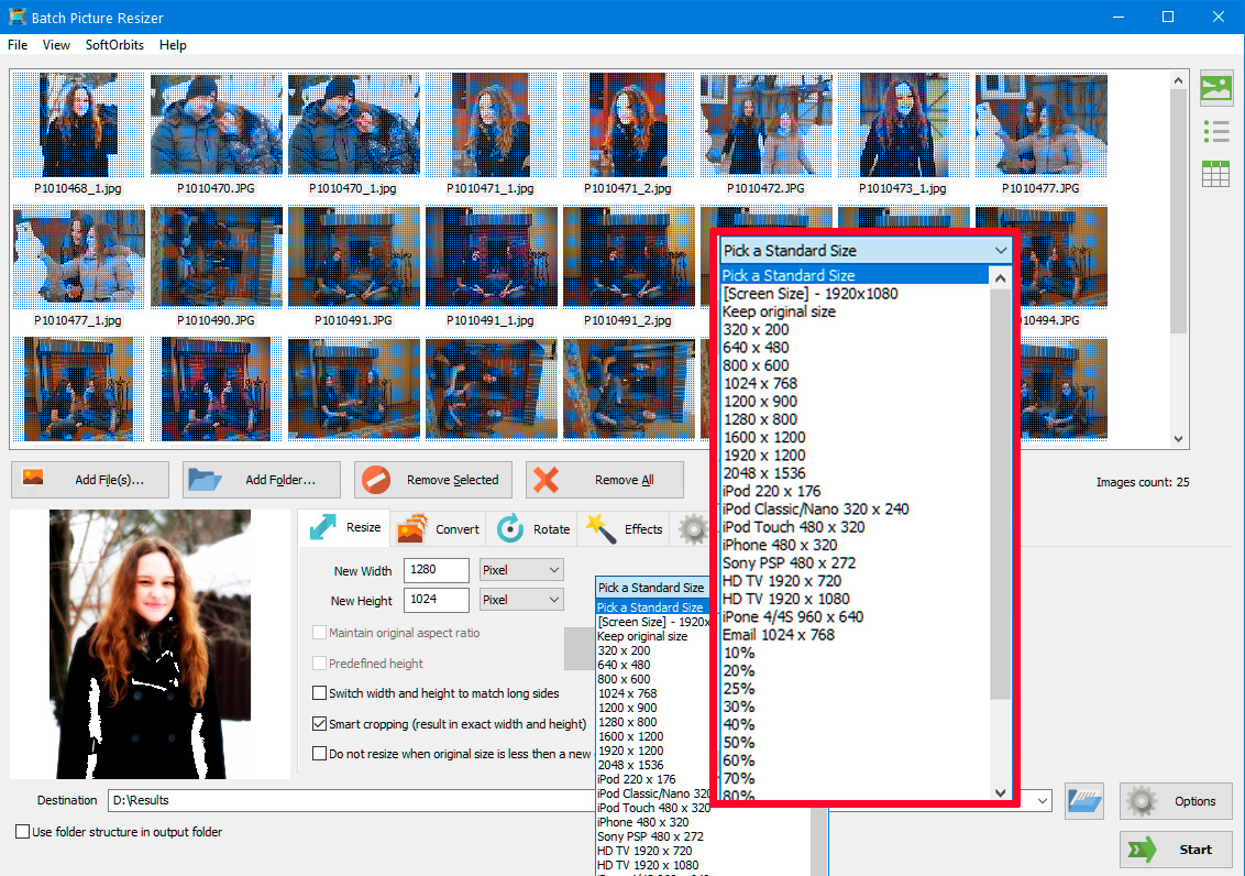 Selecione o tamanho da imagem.
