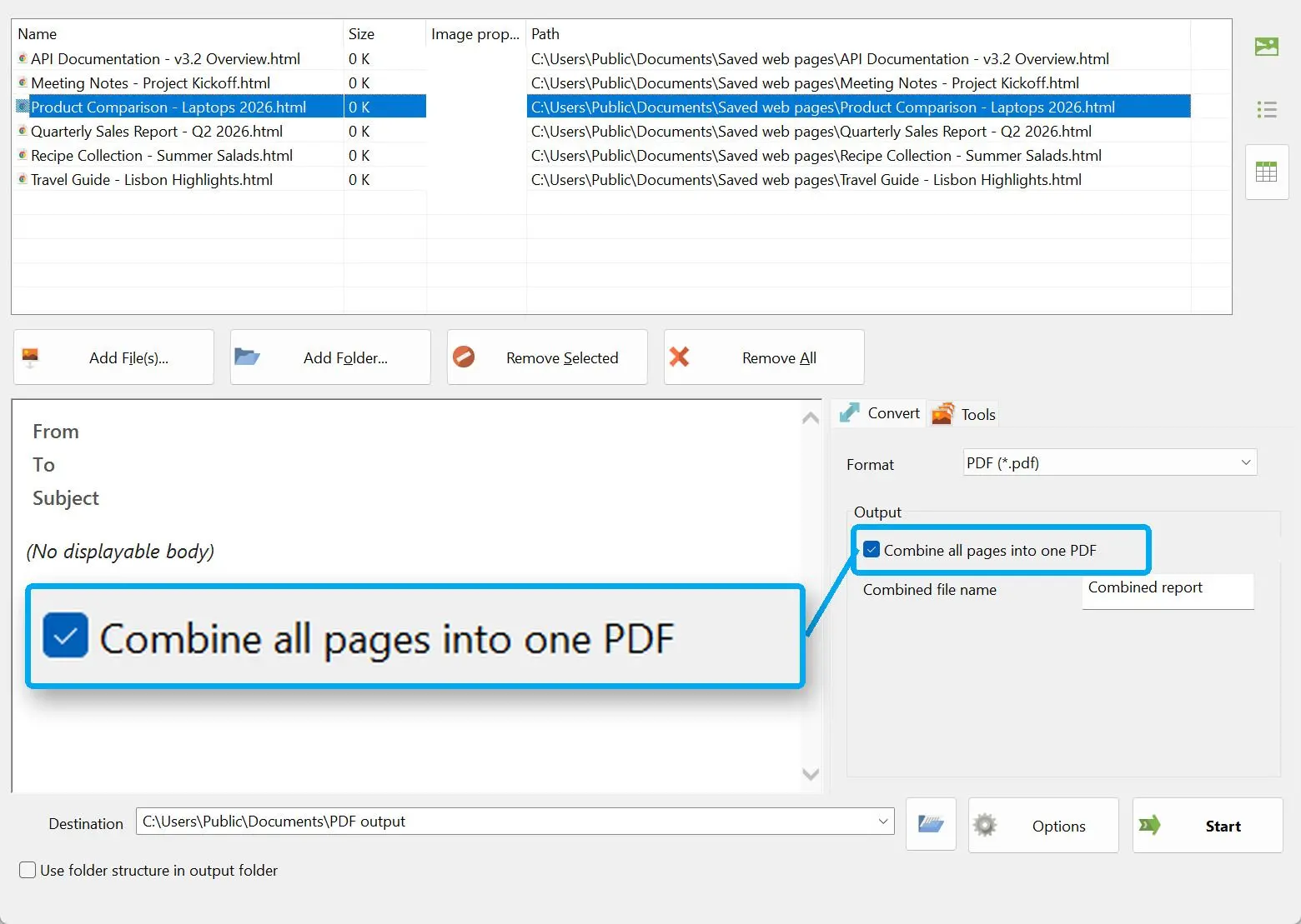 Ative a opção Combinar todas as páginas num único PDF.