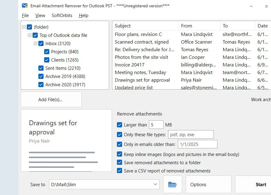 Email Attachment Remover for Outlook PST Captura de ecrã.