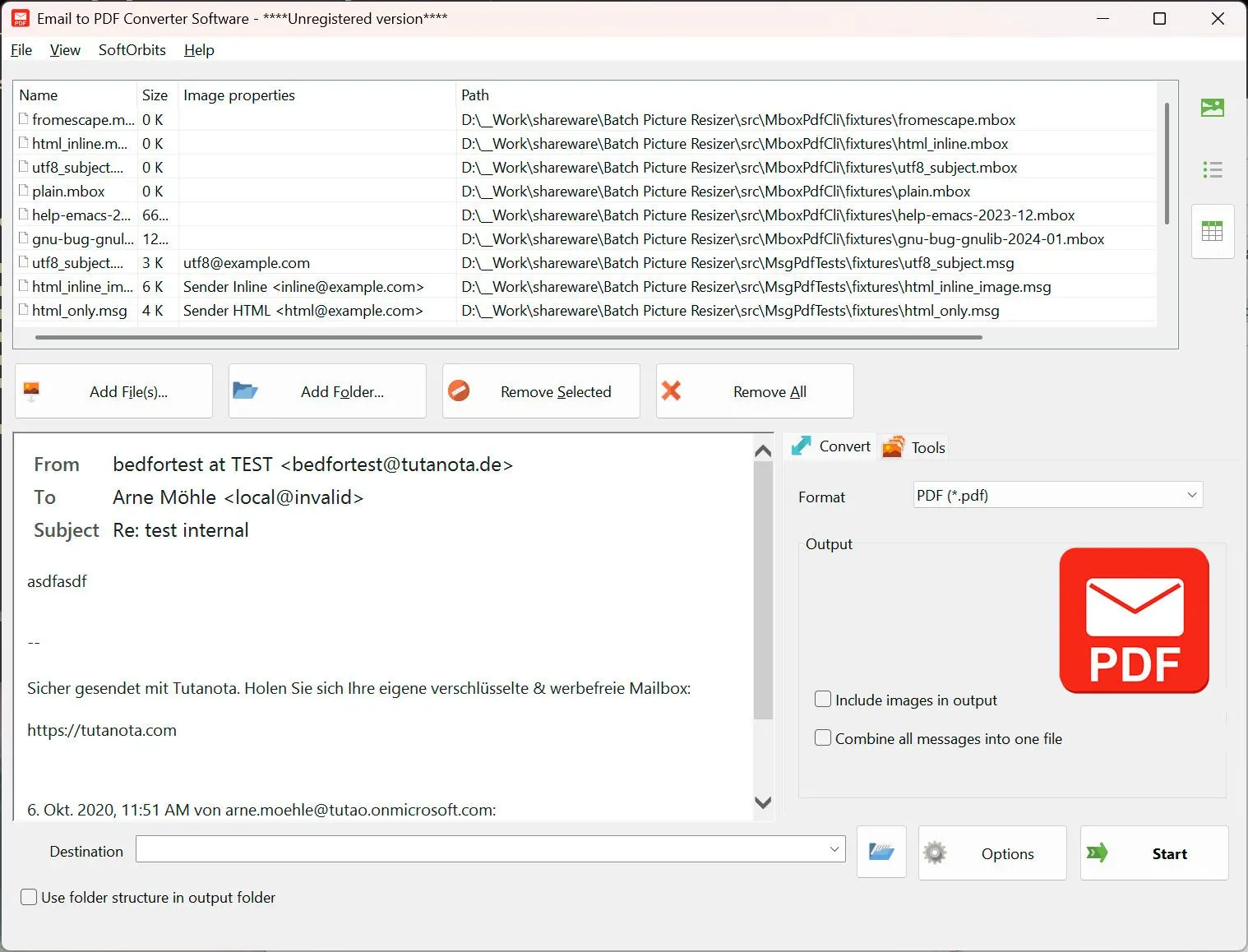 Email to PDF Converter Software Captura de tela.