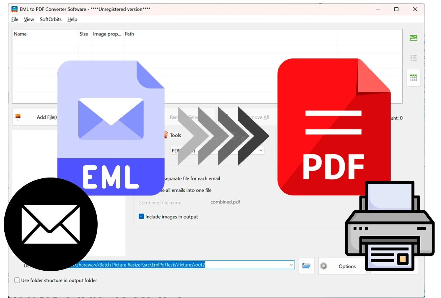 Exporte EML para PDF ou HTML imprimível facilmente..