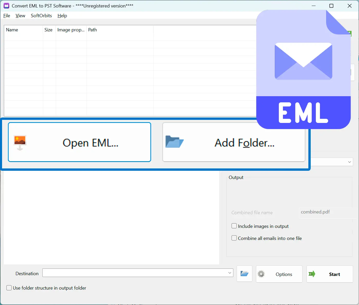 Adicione seus arquivos EML.