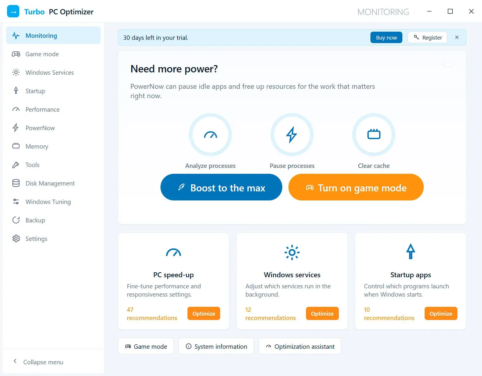 Turbo PC Optimizer Captura de tela.