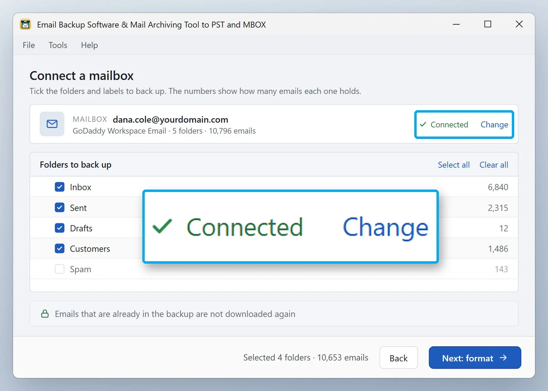 Email Backup Software & Mail Archiving Tool to PST and MBOX Captura de ecrã.