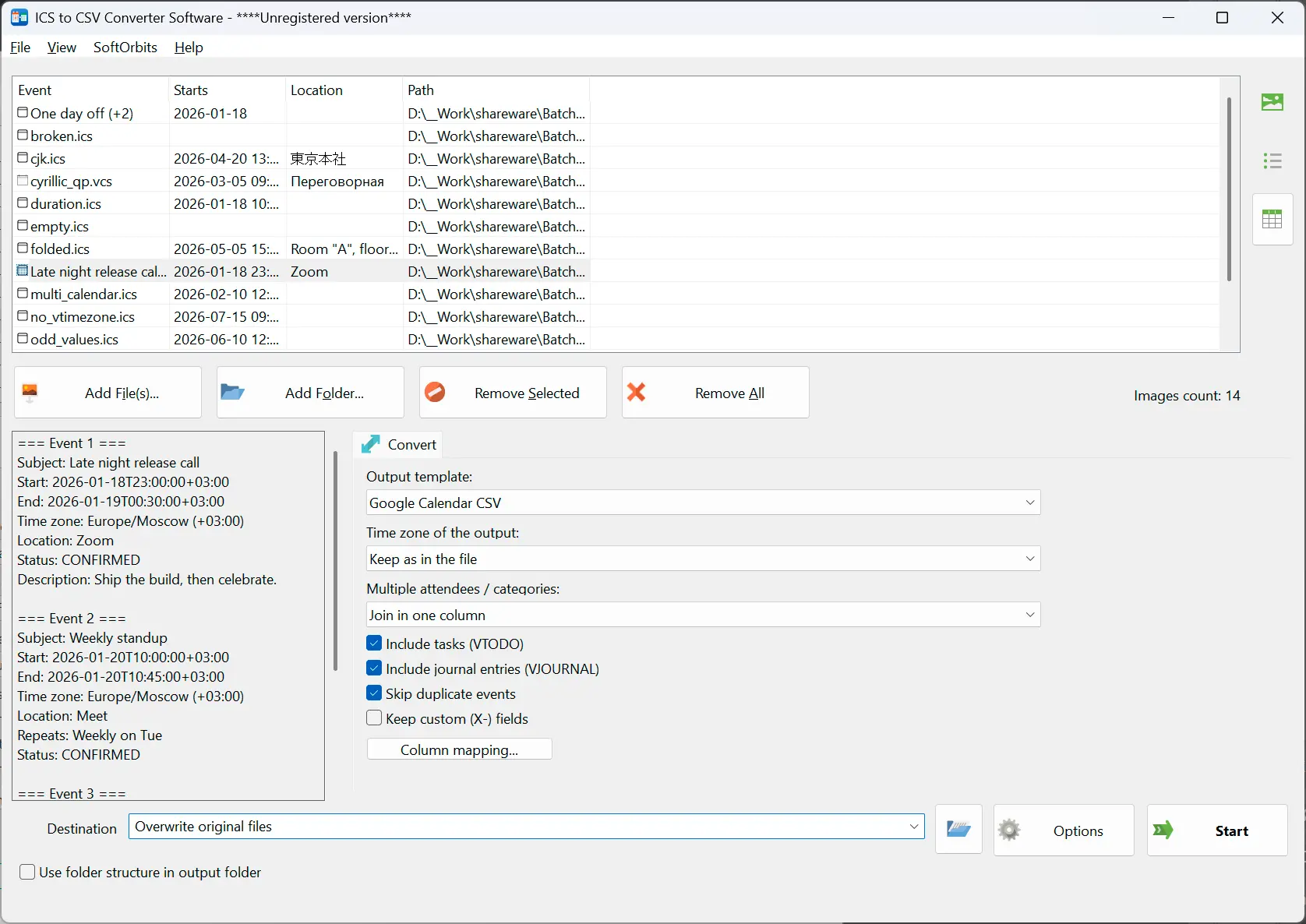 ICS to CSV Converter Captura de tela.