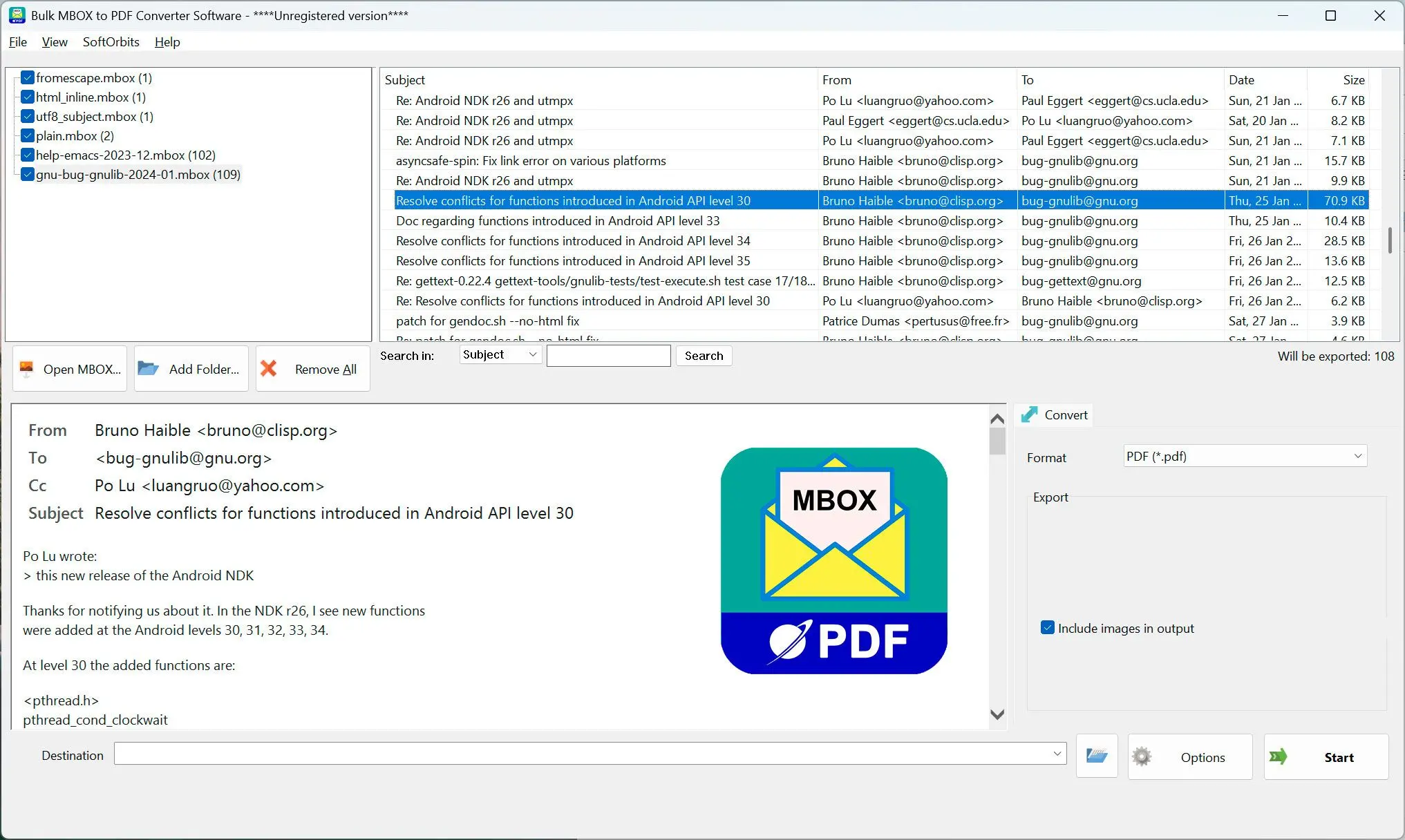 MBOX to PDF Converter Software Captura de tela.