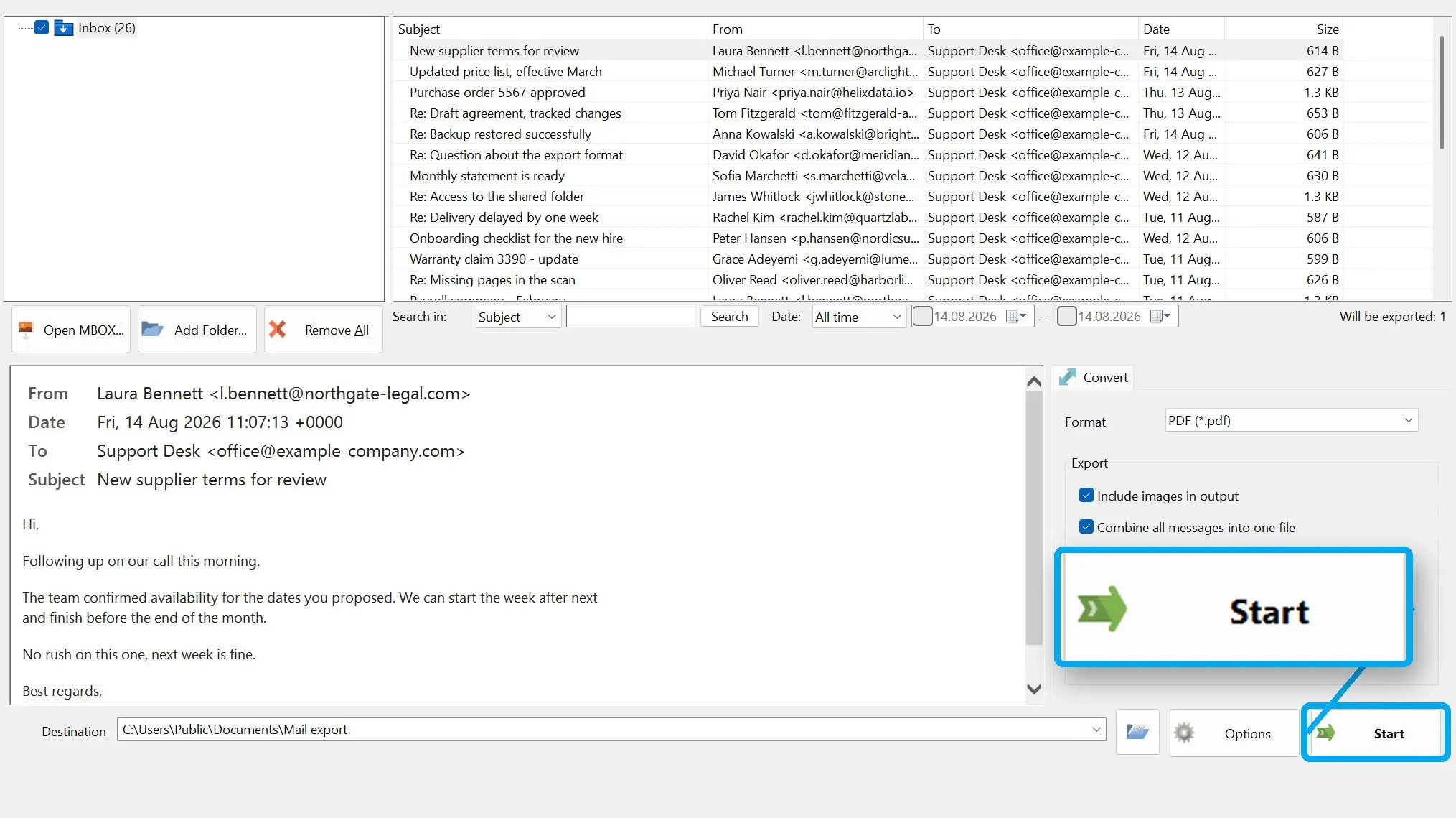 MBOX to PDF Converter Software Captura de tela.