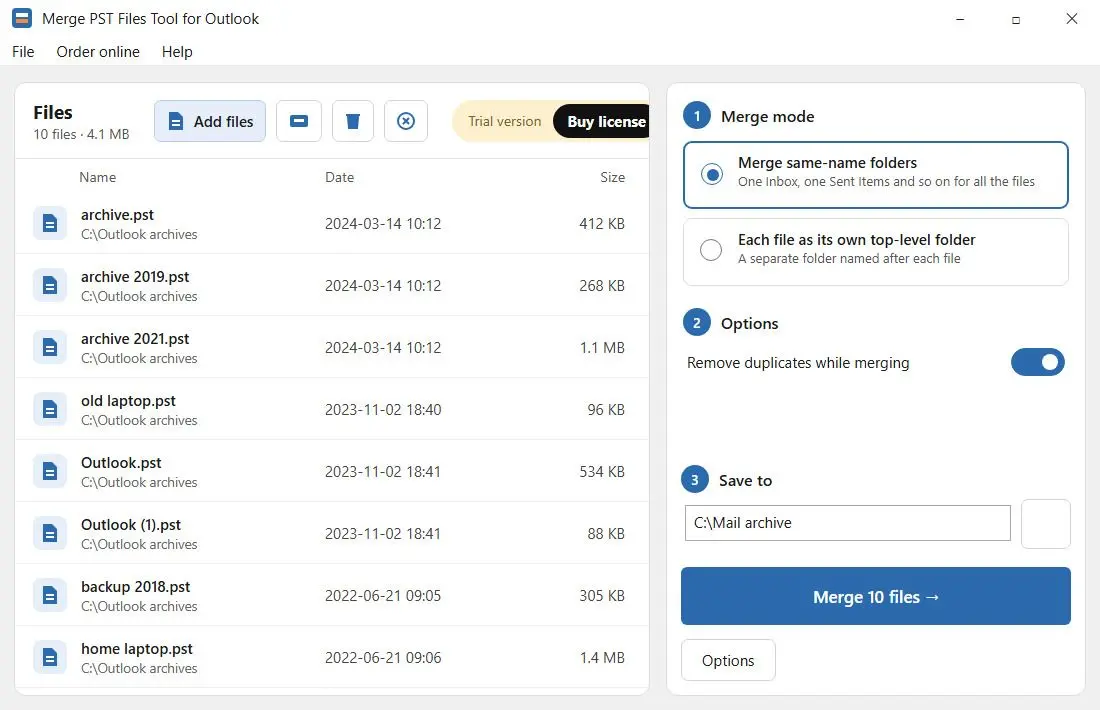 Merge PST Files Tool for Outlook Captura de ecrã.