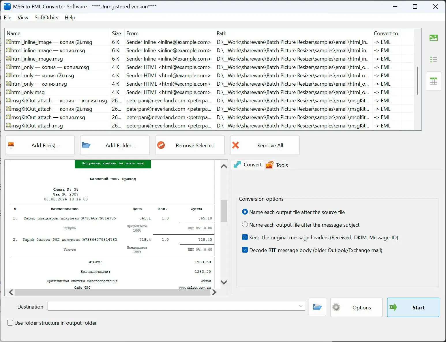 MSG to EML Converter Software Captura de tela.