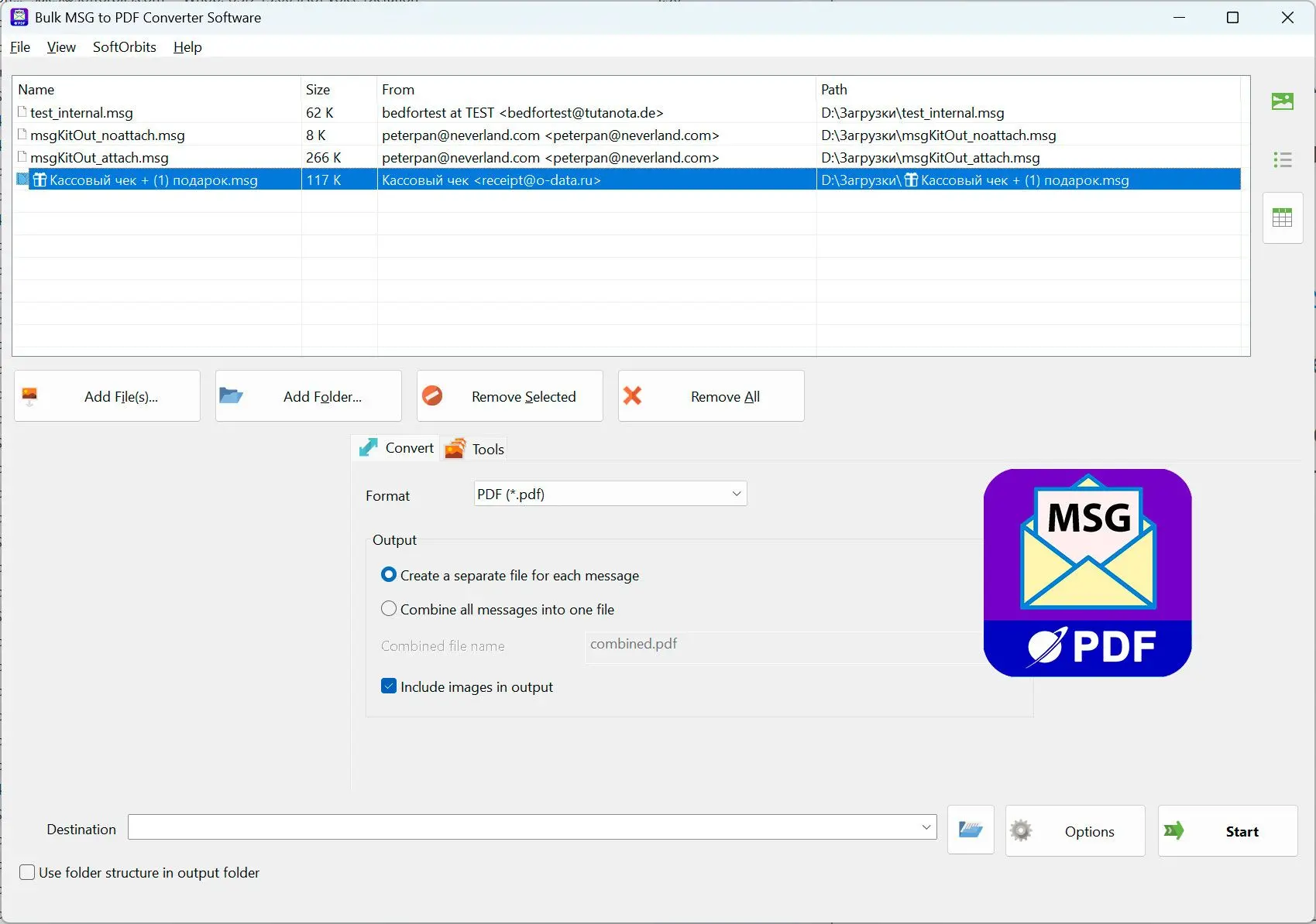 MSG to PDF Converter Software Captura de tela.