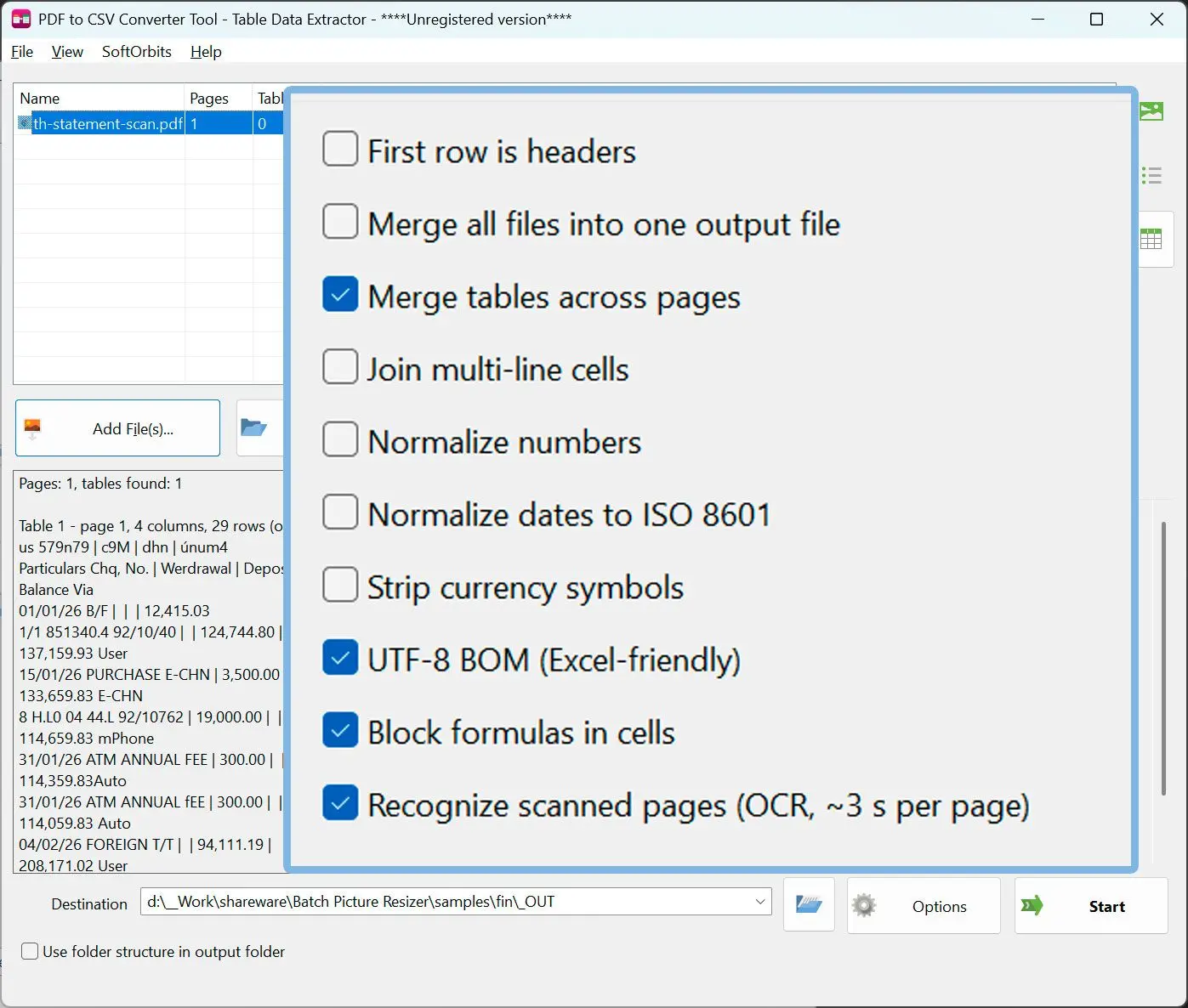 Configuração do formato CSV.