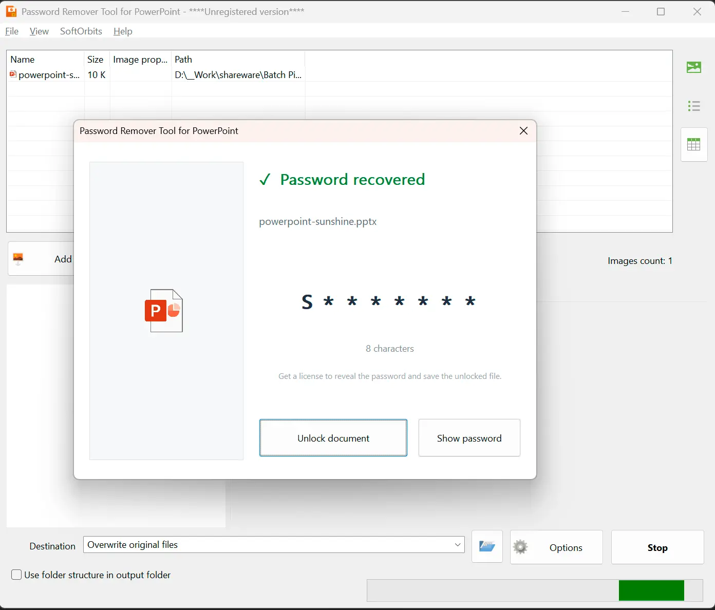 Password Remover Tool for PowerPoint Captura de tela.