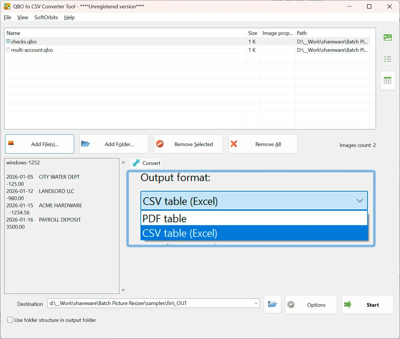 Selecione CSV como formato de saída.