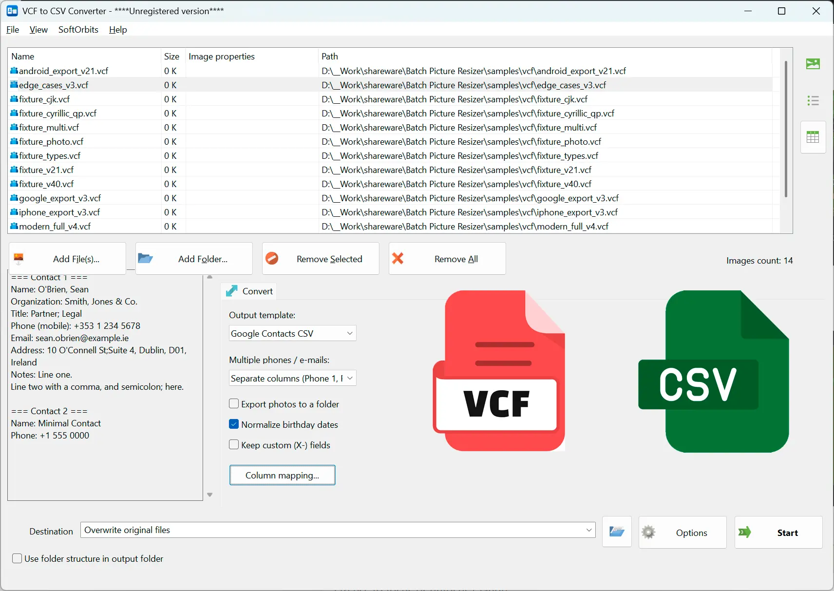 VCF to CSV Converter Software Captura de tela.