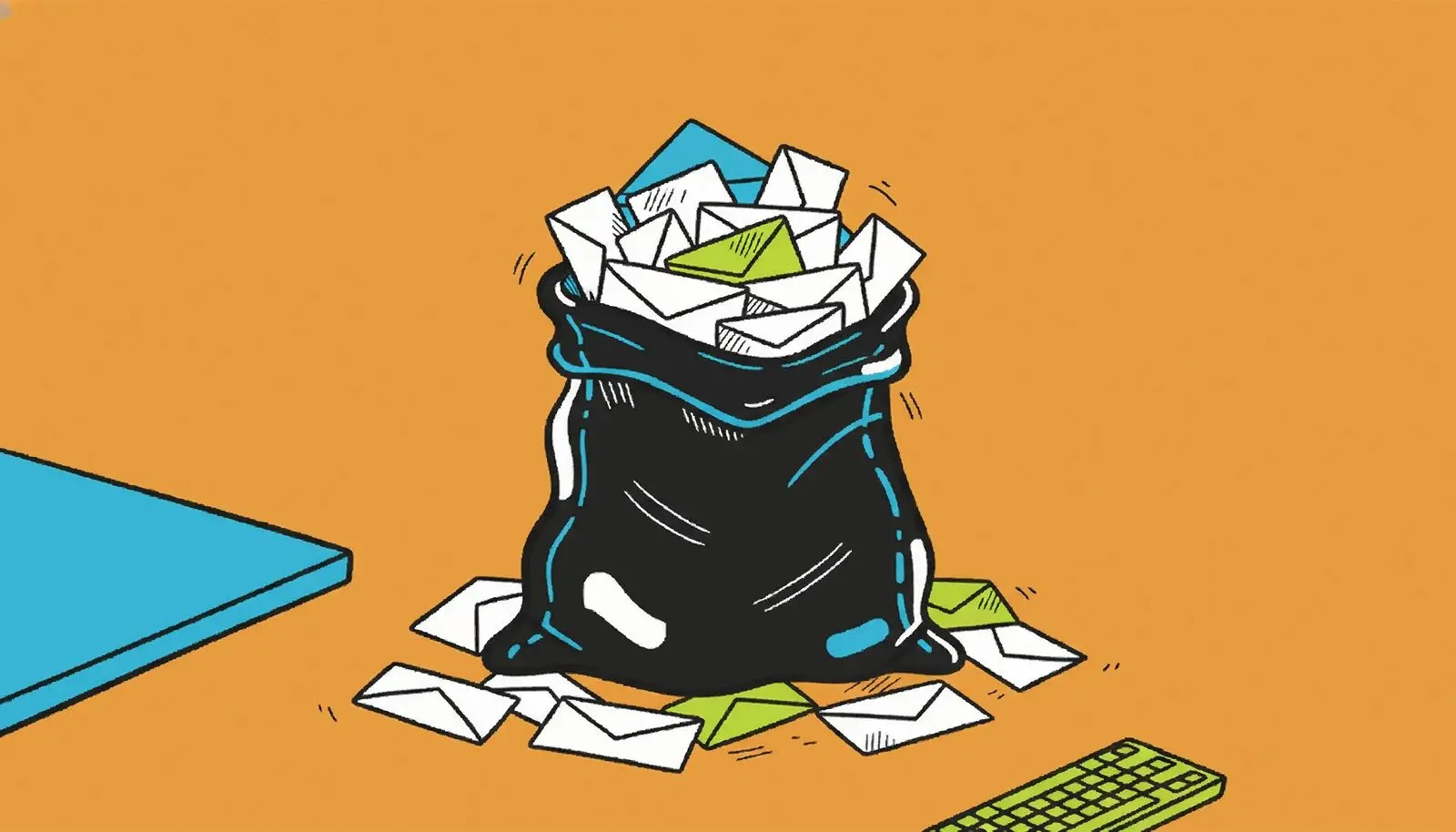 Um saco de correspondência abarrotado com envelopes caindo para fora.